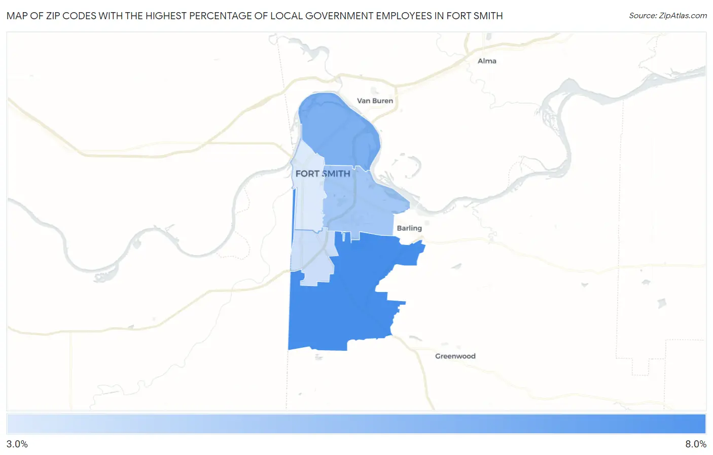 Zip Codes with the Highest Percentage of Local Government Employees in Fort Smith Map