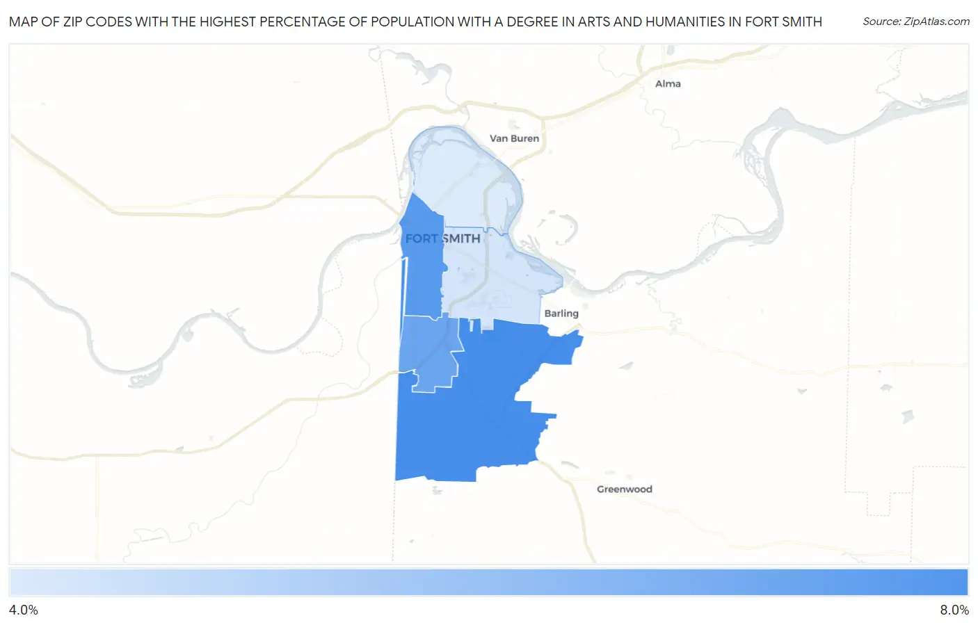 Zip Codes with the Highest Percentage of Population with a Degree in Arts and Humanities in Fort Smith Map
