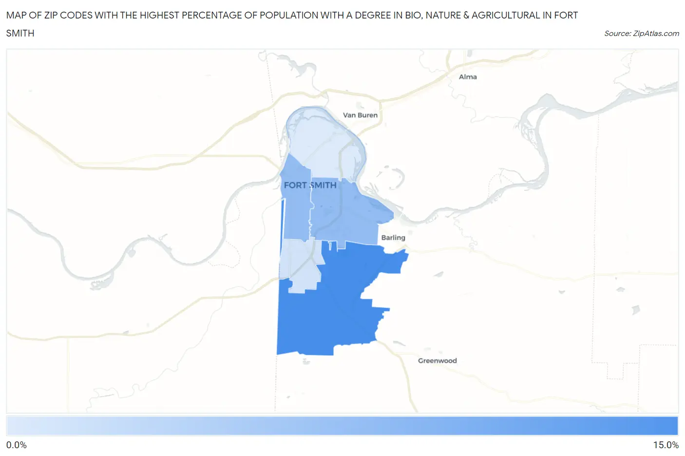 Zip Codes with the Highest Percentage of Population with a Degree in Bio, Nature & Agricultural in Fort Smith Map