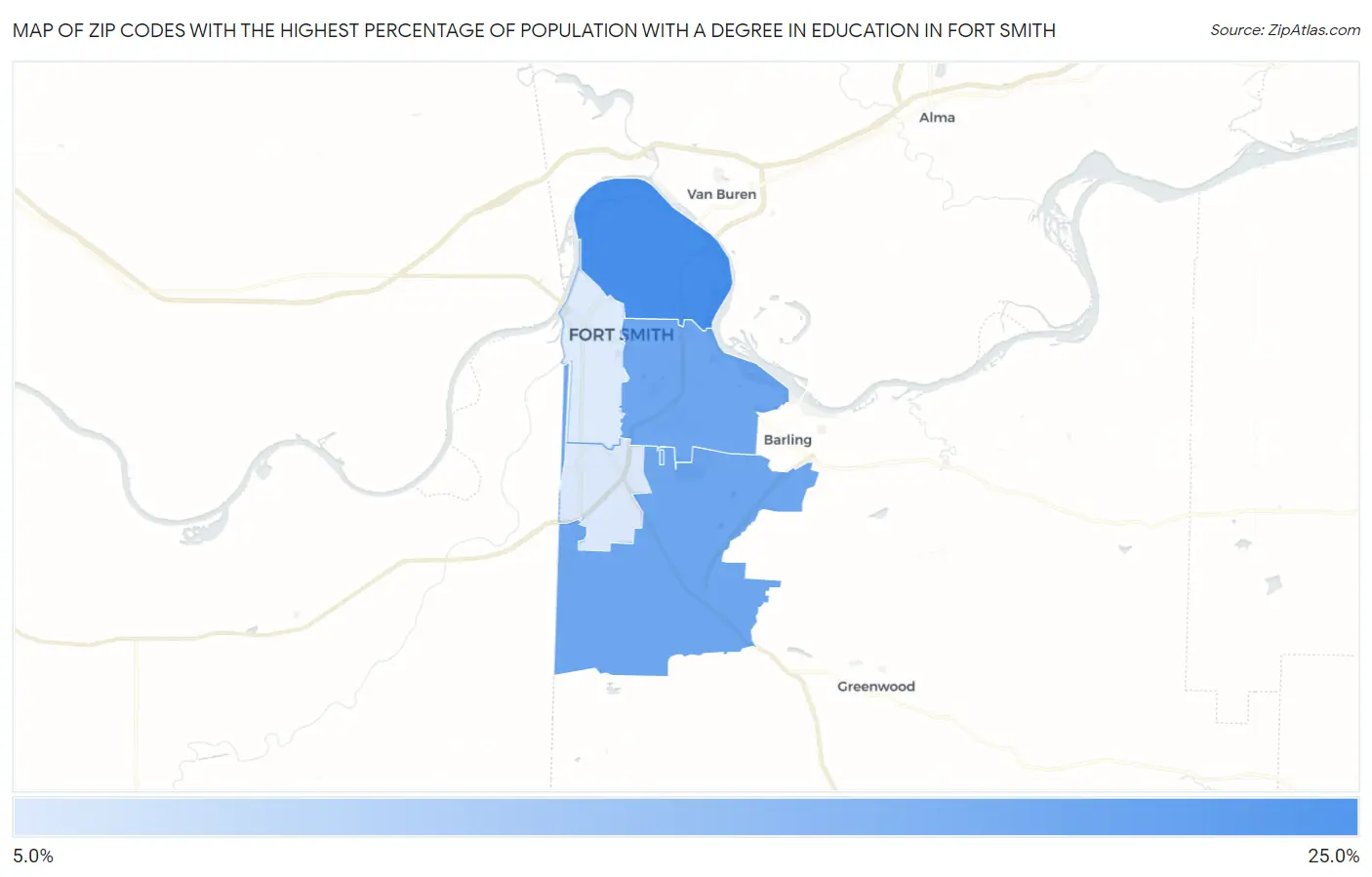 Zip Codes with the Highest Percentage of Population with a Degree in Education in Fort Smith Map