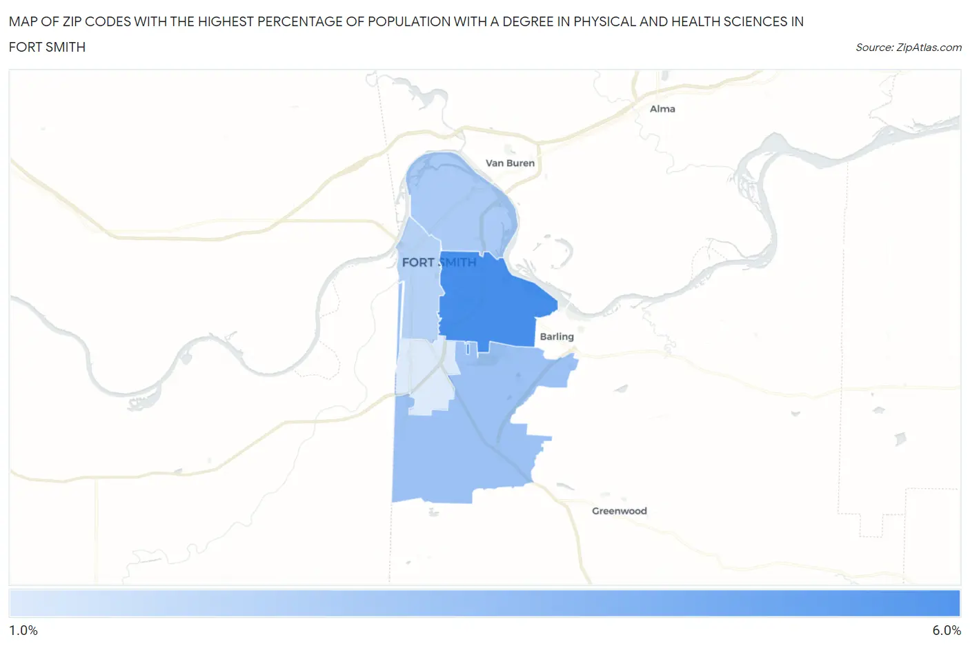 Zip Codes with the Highest Percentage of Population with a Degree in Physical and Health Sciences in Fort Smith Map