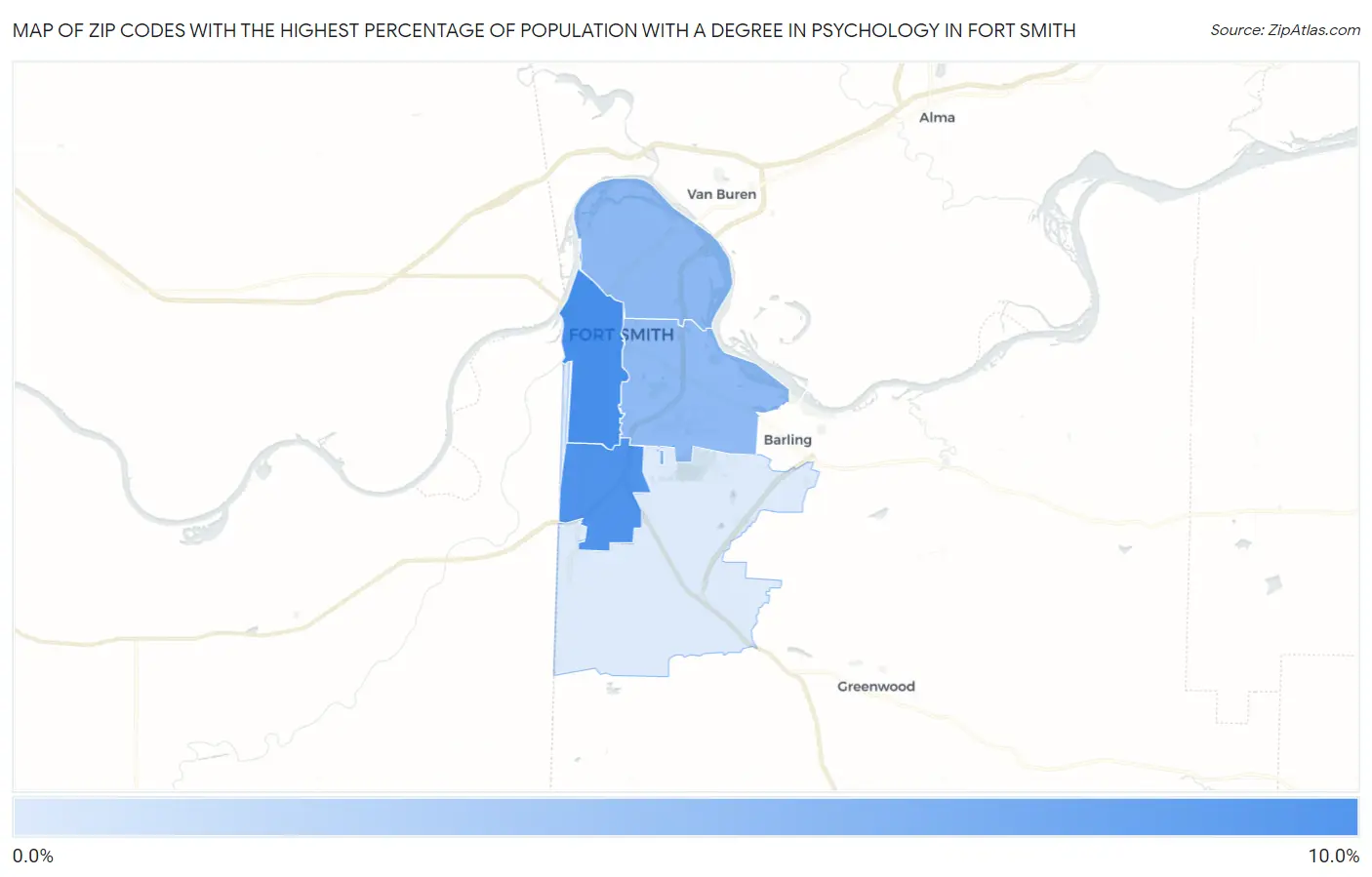 Zip Codes with the Highest Percentage of Population with a Degree in Psychology in Fort Smith Map