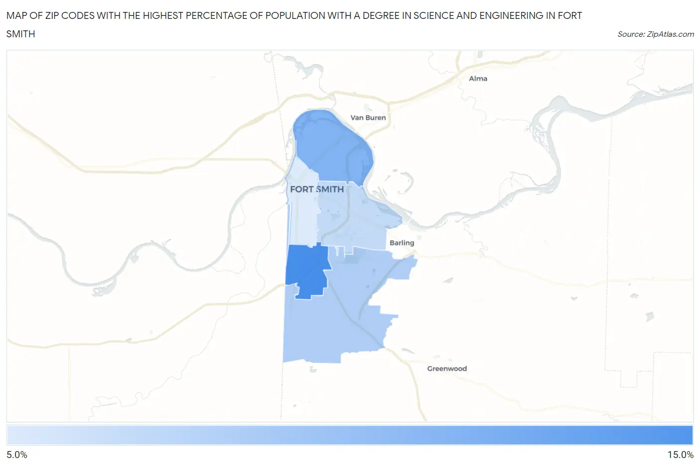 Zip Codes with the Highest Percentage of Population with a Degree in Science and Engineering in Fort Smith Map