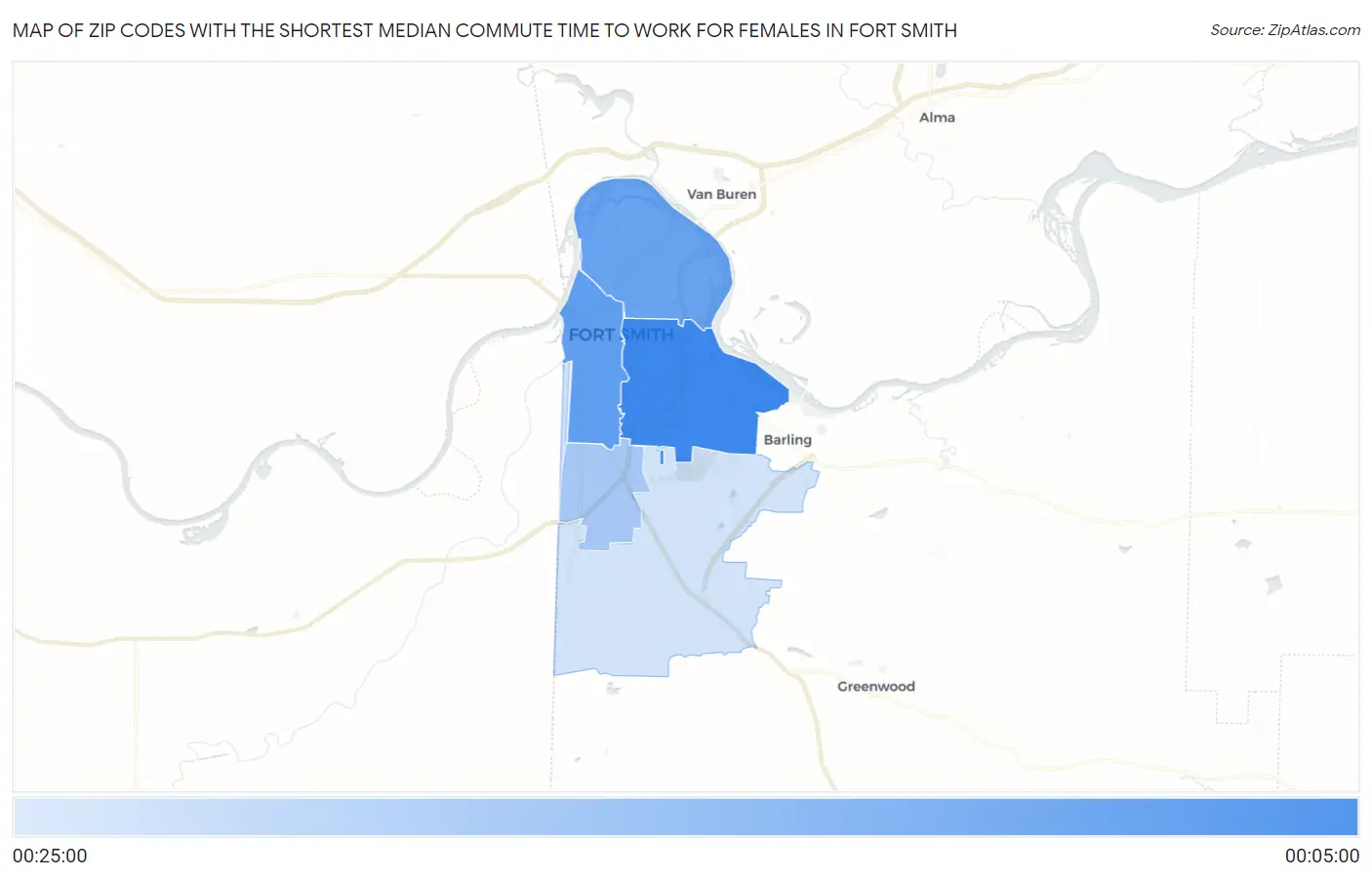 Zip Codes with the Shortest Median Commute Time to Work for Females in Fort Smith Map