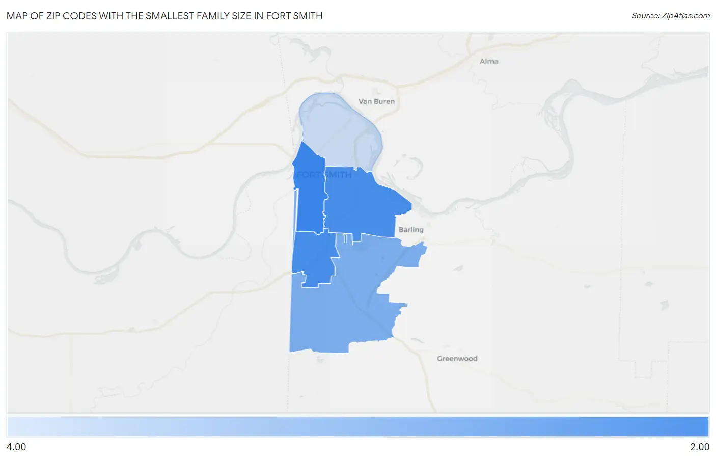 Zip Codes with the Smallest Family Size in Fort Smith Map