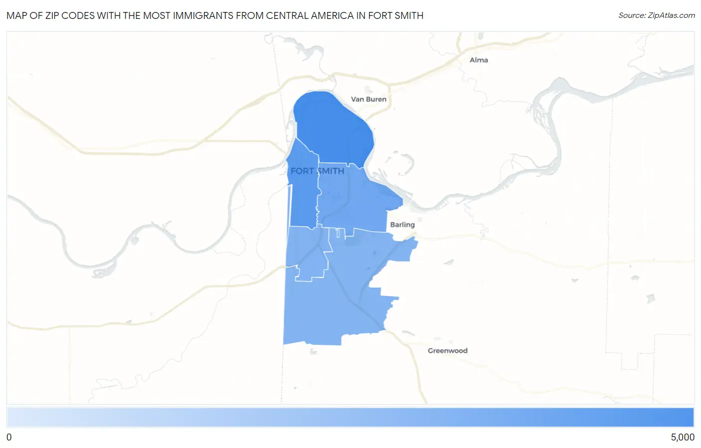Zip Codes with the Most Immigrants from Central America in Fort Smith Map