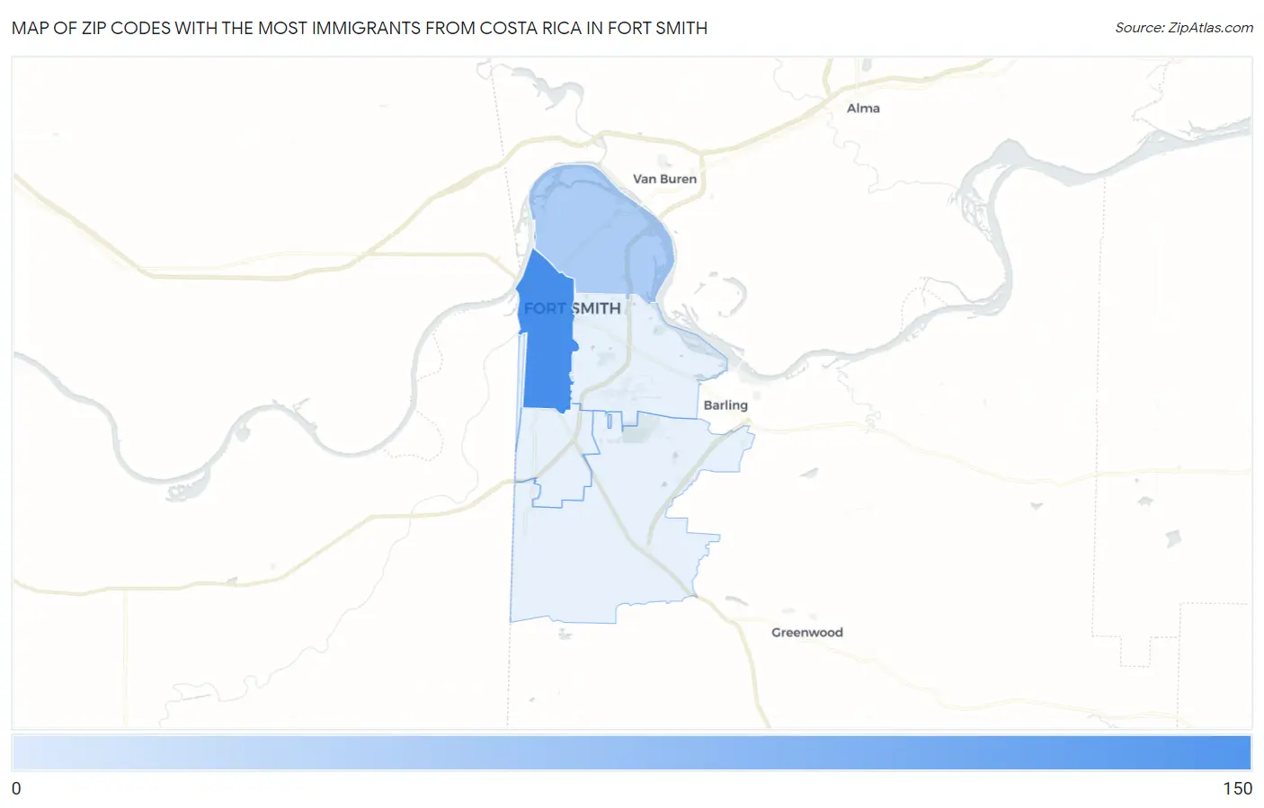 Zip Codes with the Most Immigrants from Costa Rica in Fort Smith Map