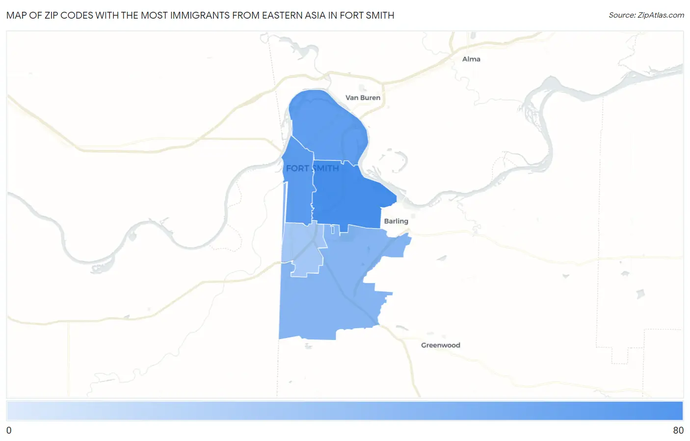 Zip Codes with the Most Immigrants from Eastern Asia in Fort Smith Map