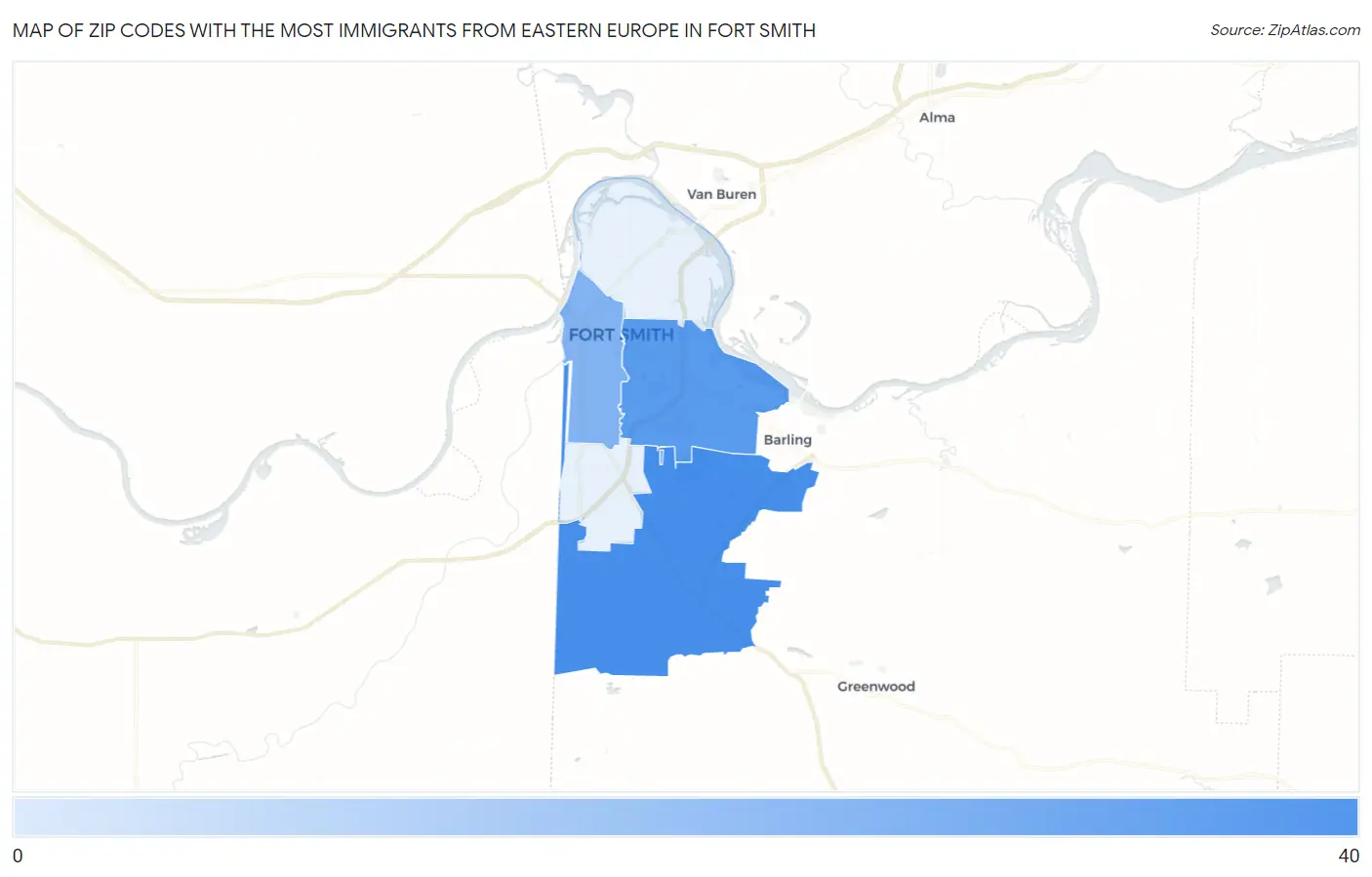 Zip Codes with the Most Immigrants from Eastern Europe in Fort Smith Map