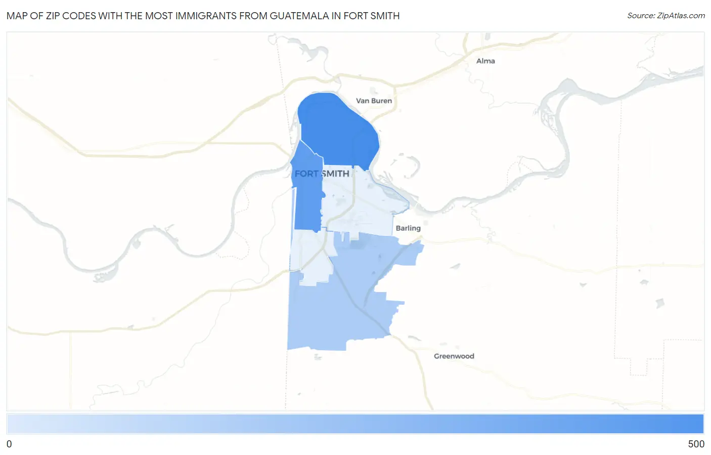 Zip Codes with the Most Immigrants from Guatemala in Fort Smith Map