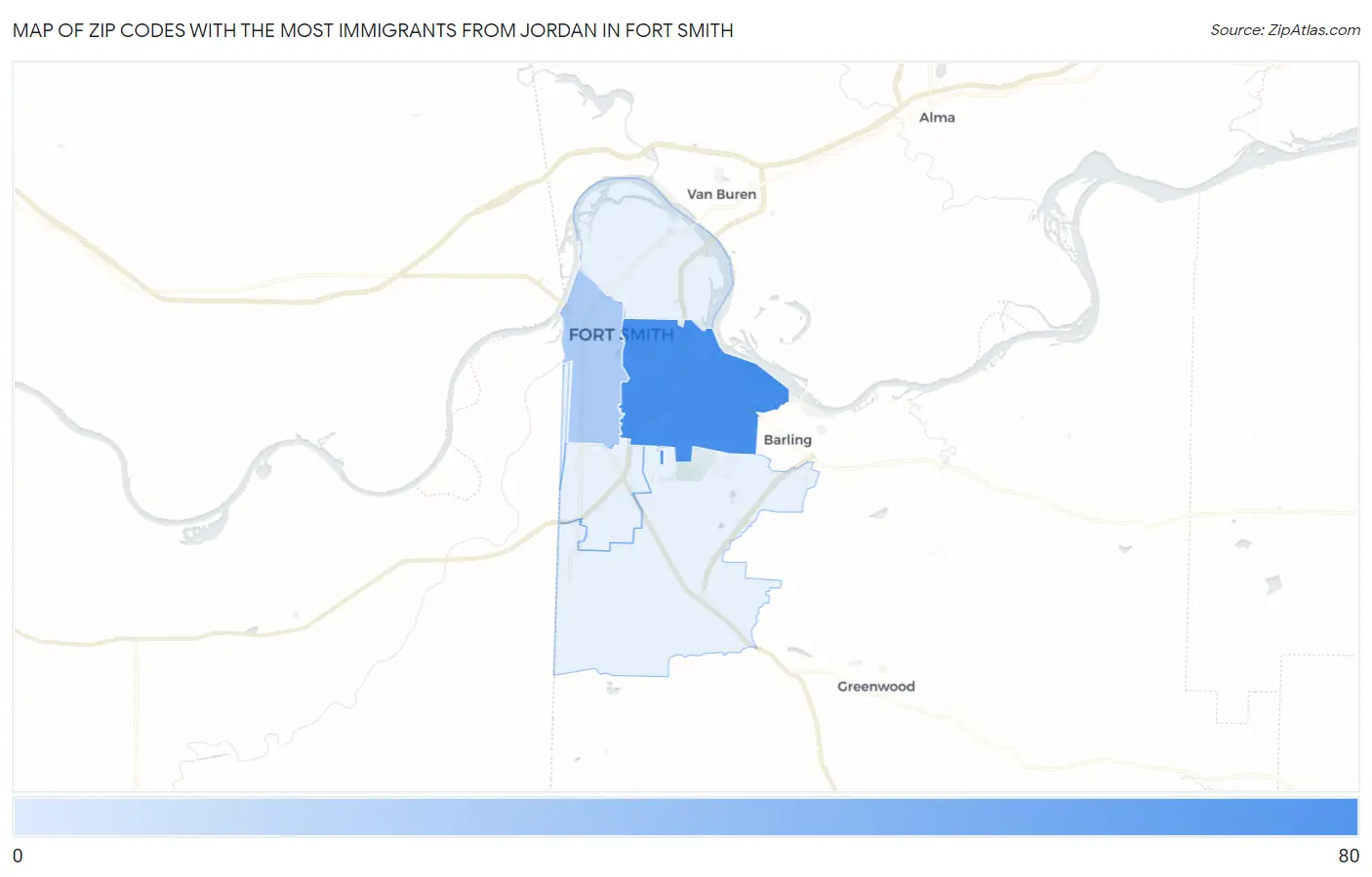 Zip Codes with the Most Immigrants from Jordan in Fort Smith Map
