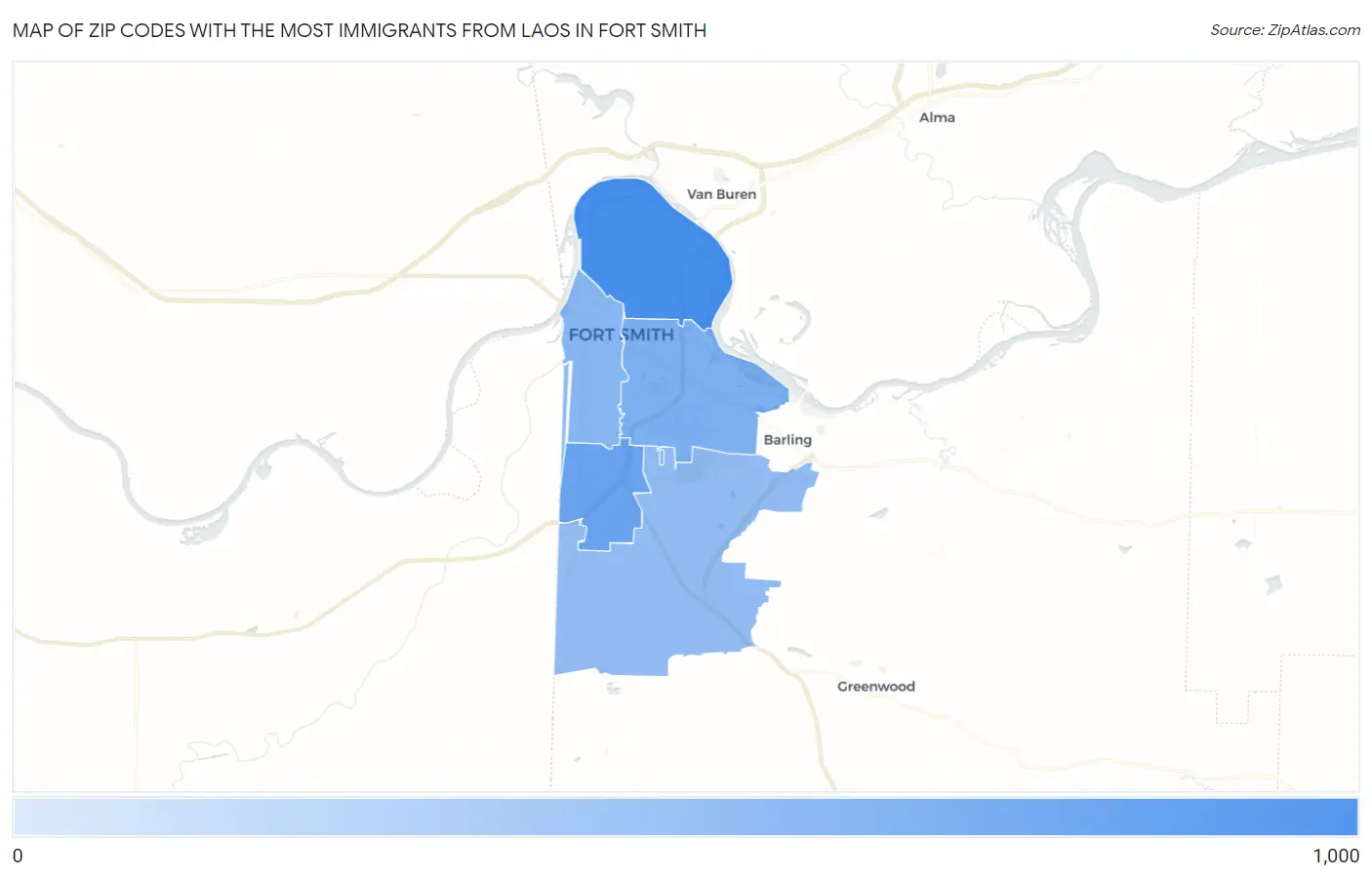 Zip Codes with the Most Immigrants from Laos in Fort Smith Map