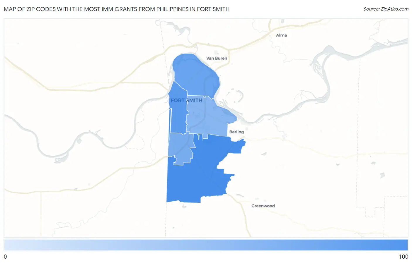 Zip Codes with the Most Immigrants from Philippines in Fort Smith Map