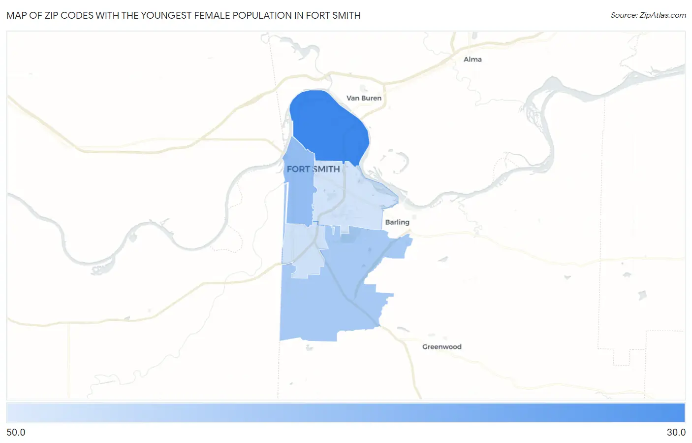 Zip Codes with the Youngest Female Population in Fort Smith Map