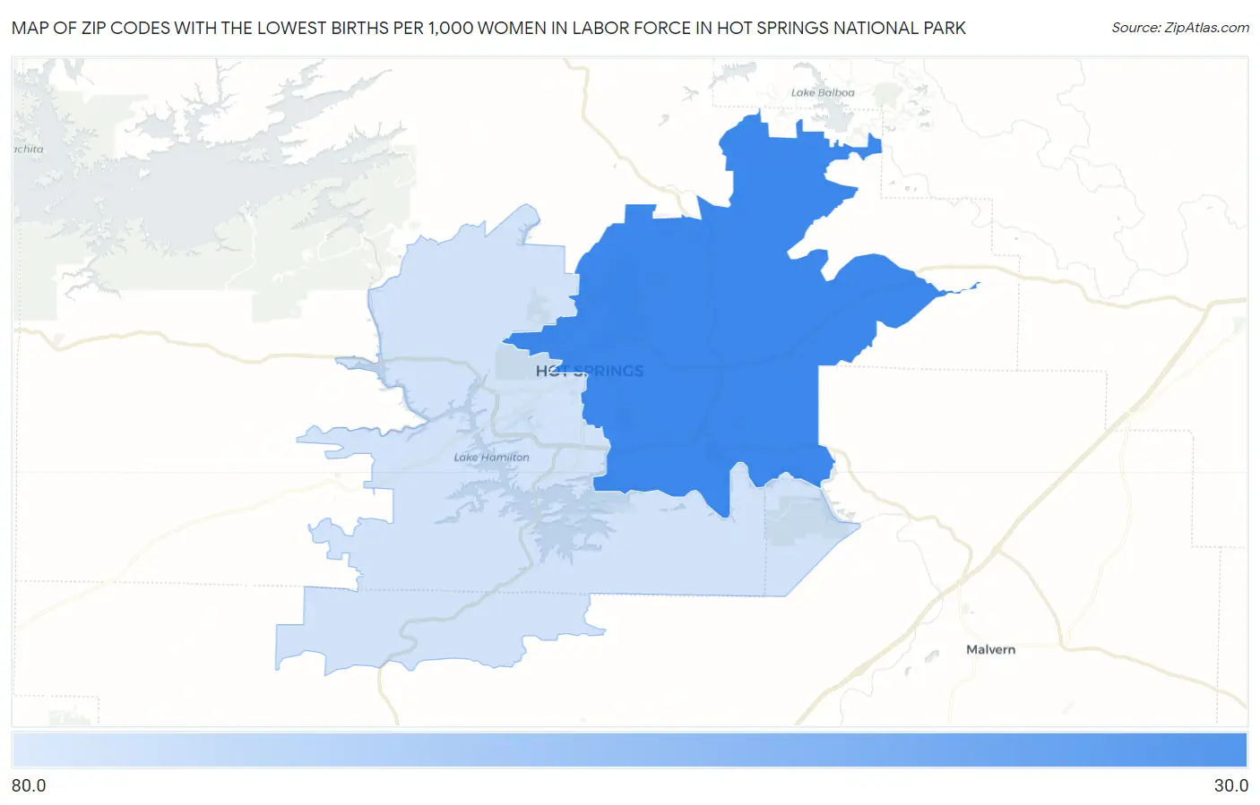 Zip Codes with the Lowest Births per 1,000 Women in Labor Force in Hot Springs National Park Map