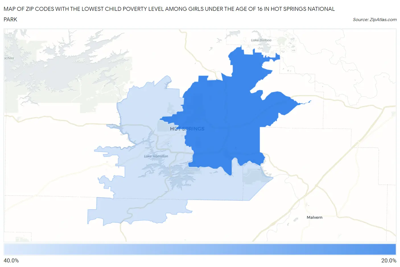 Zip Codes with the Lowest Child Poverty Level Among Girls Under the Age of 16 in Hot Springs National Park Map