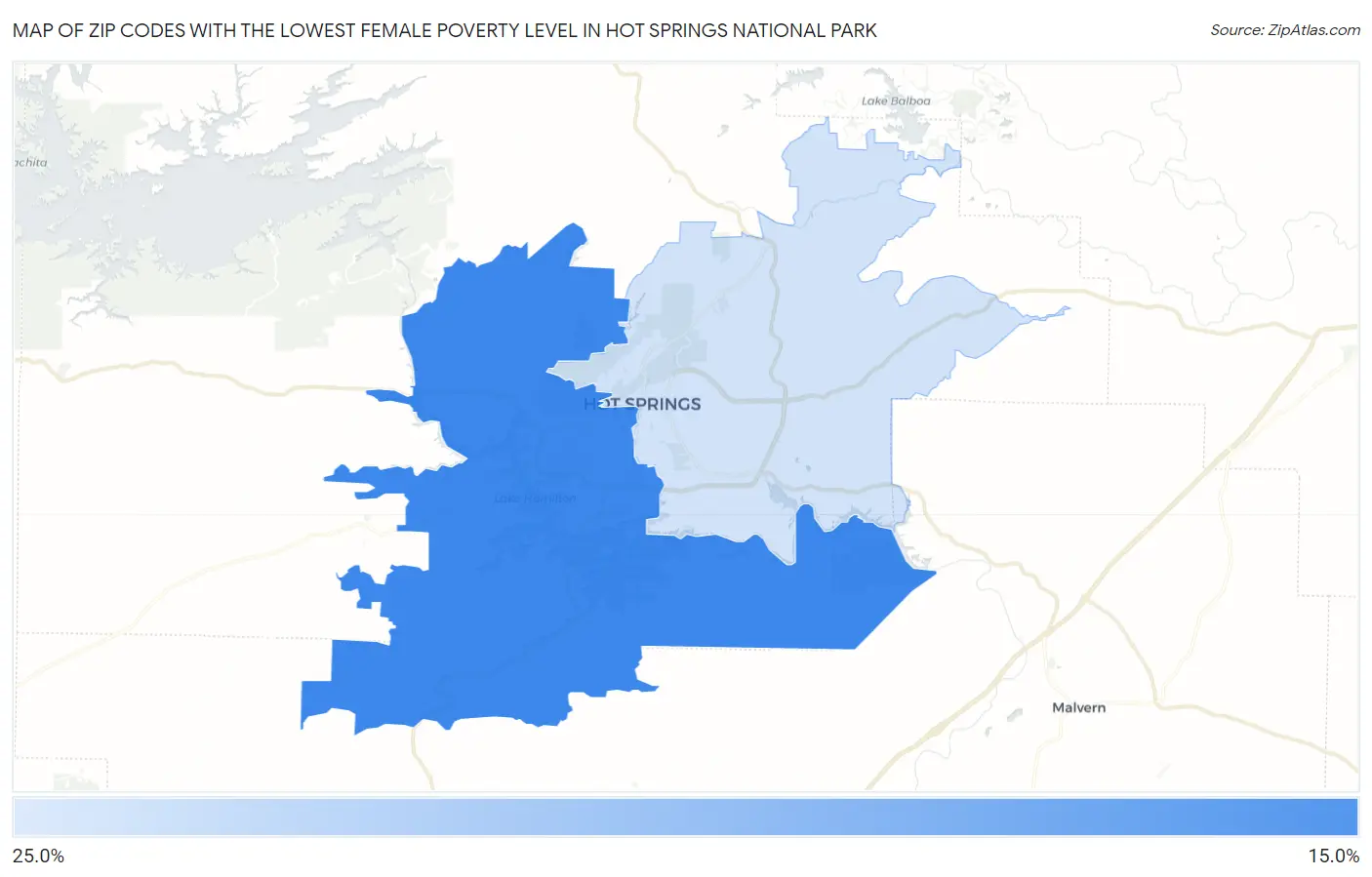 Zip Codes with the Lowest Female Poverty Level in Hot Springs National Park Map