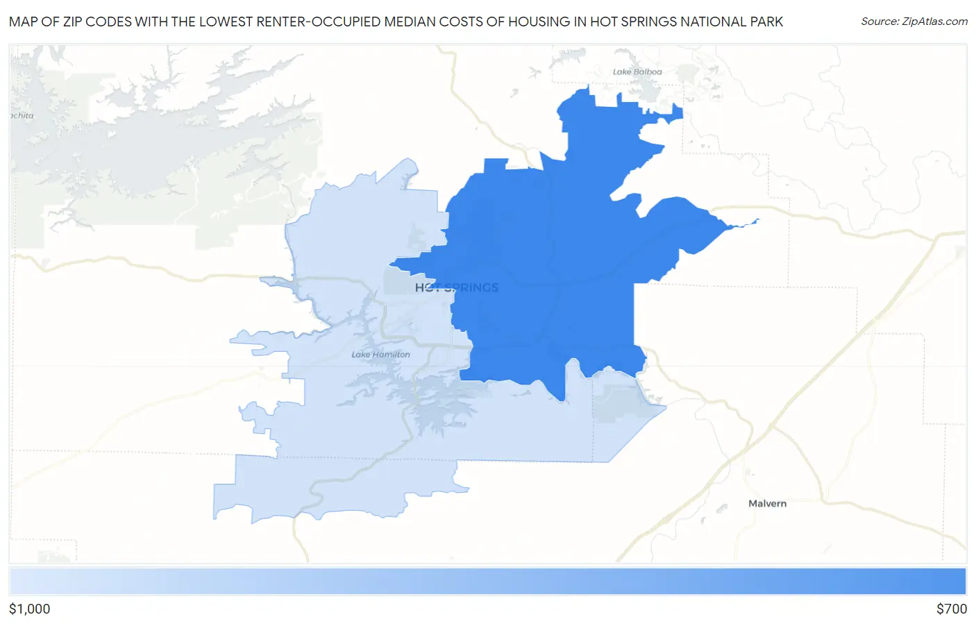 Zip Codes with the Lowest Renter-Occupied Median Costs of Housing in Hot Springs National Park Map