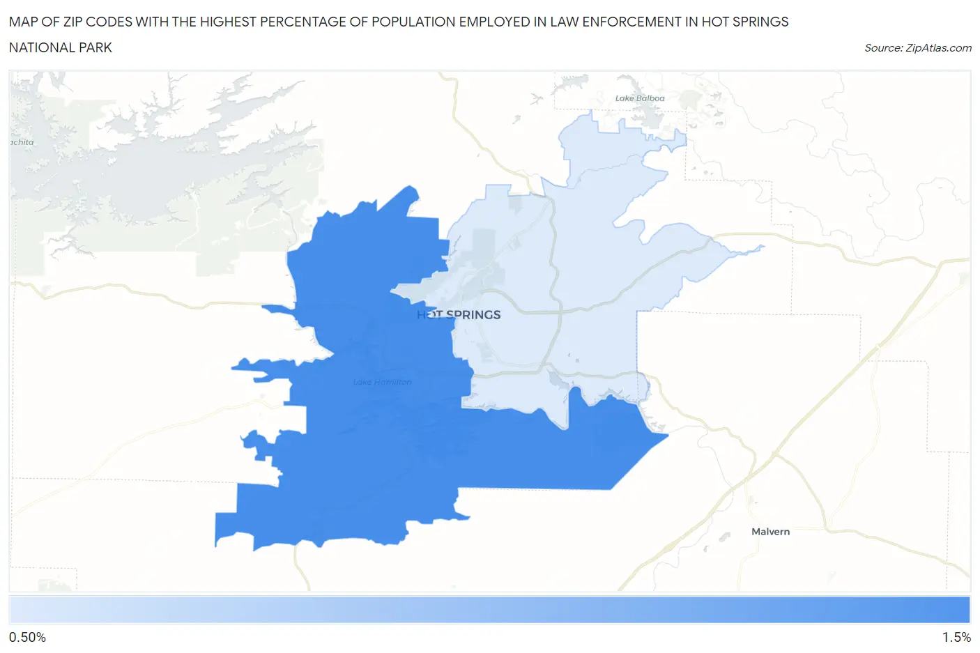 Zip Codes with the Highest Percentage of Population Employed in Law Enforcement in Hot Springs National Park Map