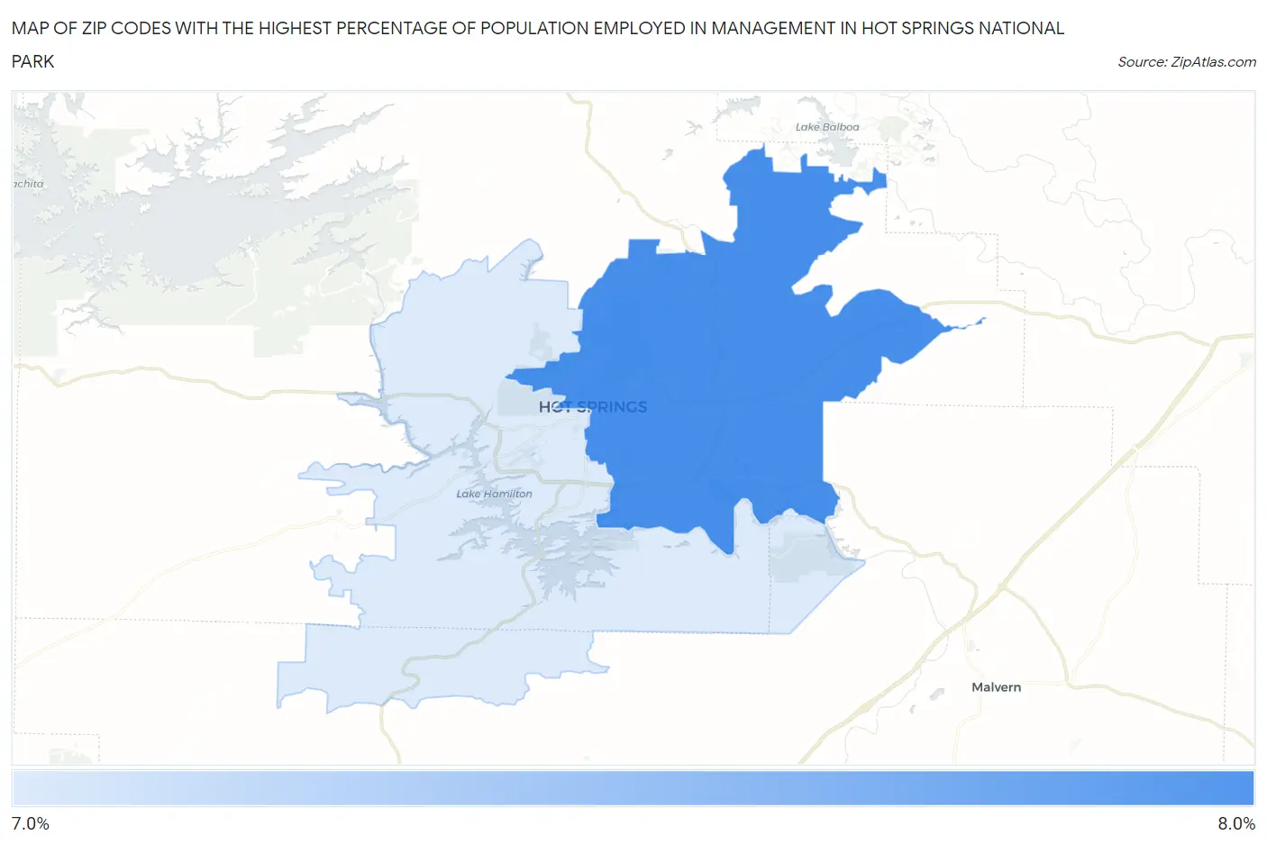 Zip Codes with the Highest Percentage of Population Employed in Management in Hot Springs National Park Map