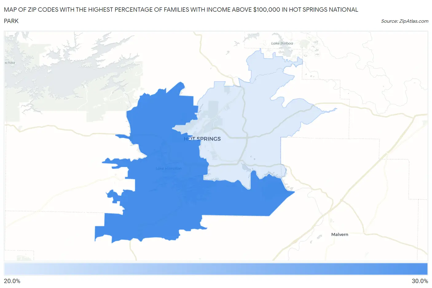 Zip Codes with the Highest Percentage of Families with Income Above $100,000 in Hot Springs National Park Map