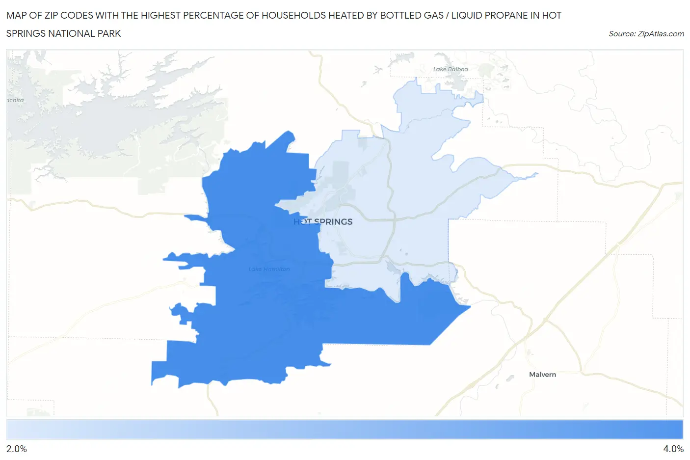 Zip Codes with the Highest Percentage of Households Heated by Bottled Gas / Liquid Propane in Hot Springs National Park Map