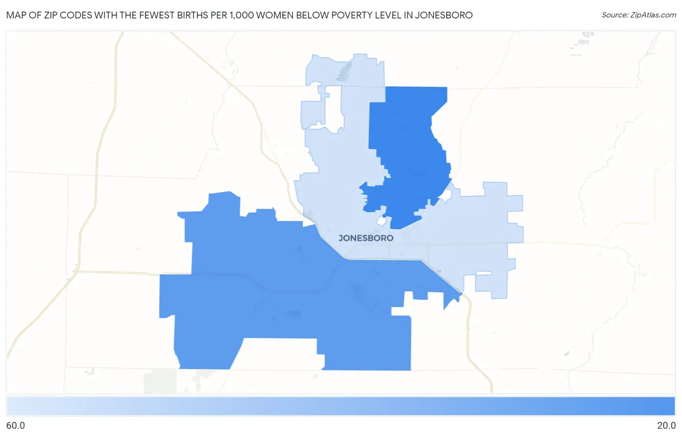 Zip Codes with the Fewest Births per 1,000 Women Below Poverty Level in Jonesboro Map