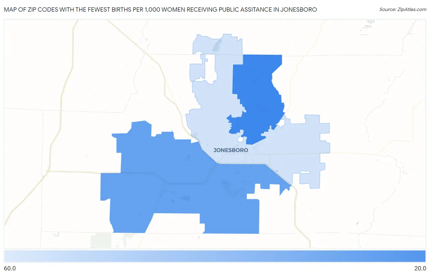 Zip Codes with the Fewest Births per 1,000 Women Receiving Public Assitance in Jonesboro Map