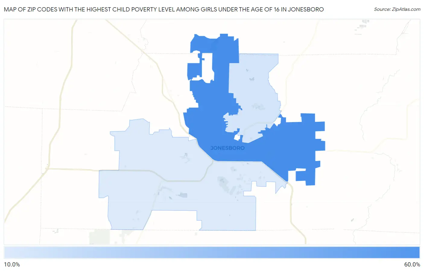 Zip Codes with the Highest Child Poverty Level Among Girls Under the Age of 16 in Jonesboro Map