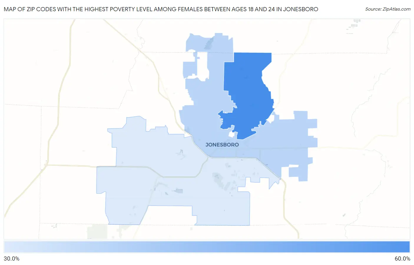 Zip Codes with the Highest Poverty Level Among Females Between Ages 18 and 24 in Jonesboro Map