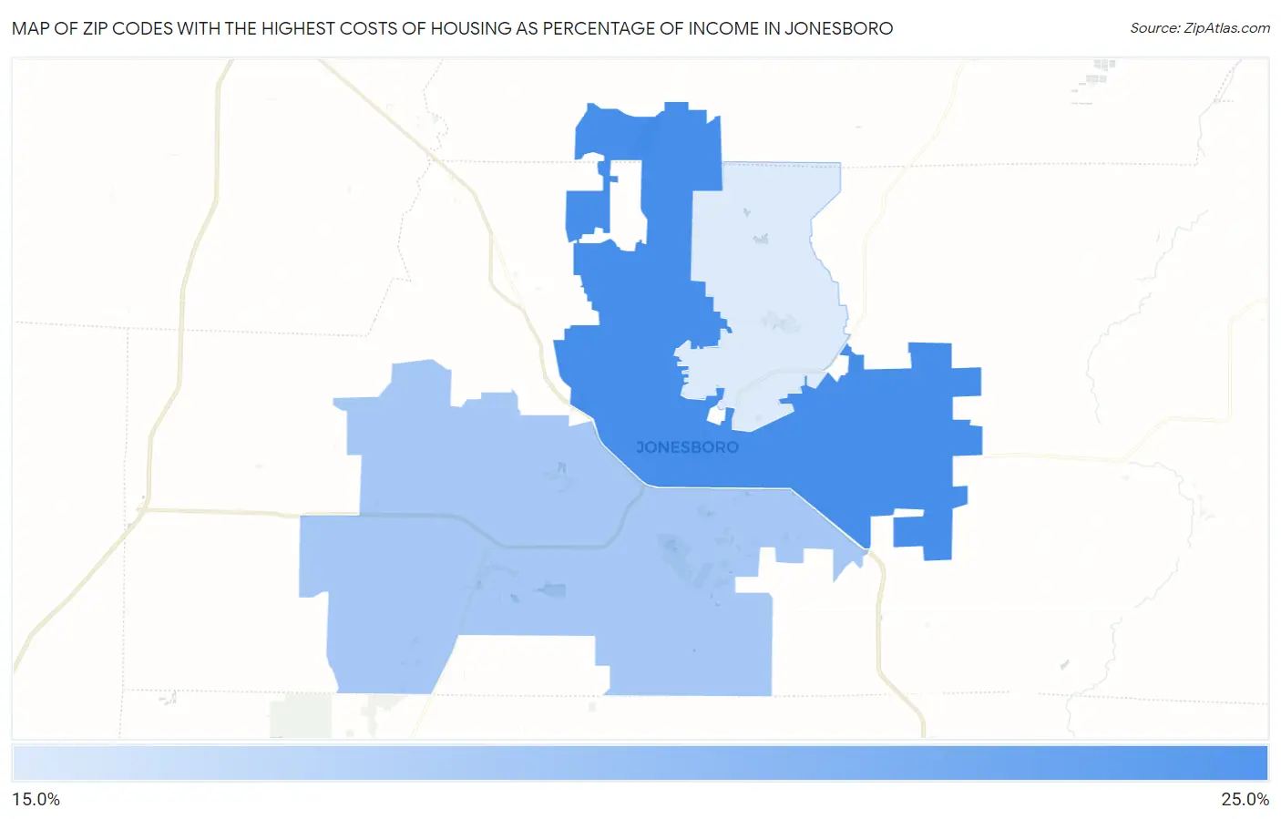 Zip Codes with the Highest Costs of Housing as Percentage of Income in Jonesboro Map