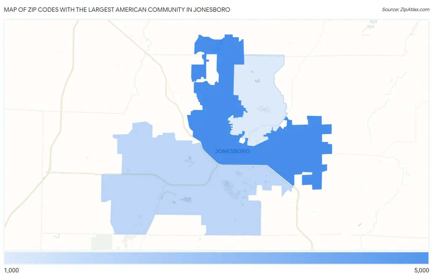 Zip Codes with the Largest American Community in Jonesboro Map