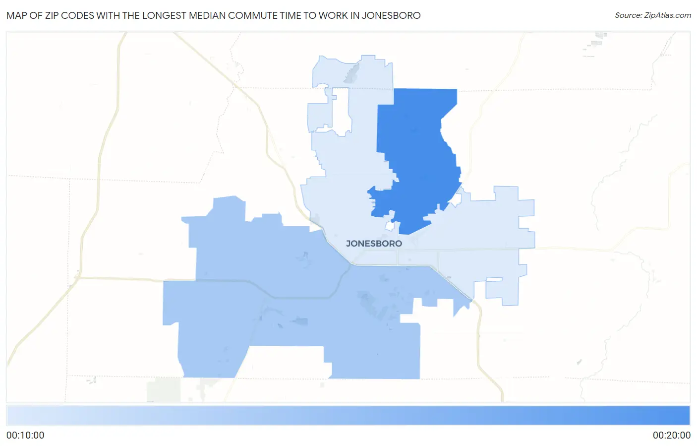 Zip Codes with the Longest Median Commute Time to Work in Jonesboro Map