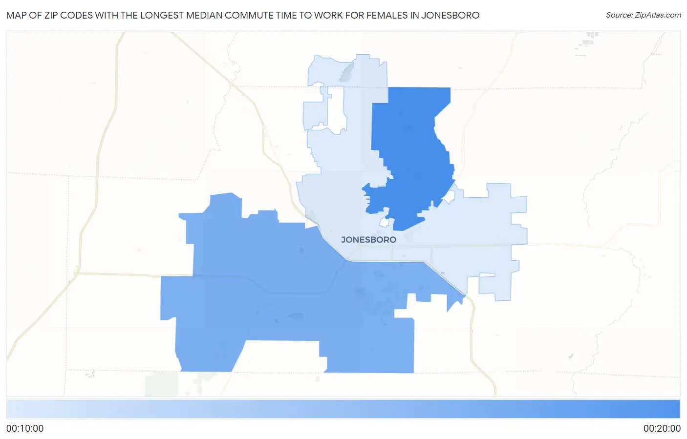 Zip Codes with the Longest Median Commute Time to Work for Females in Jonesboro Map