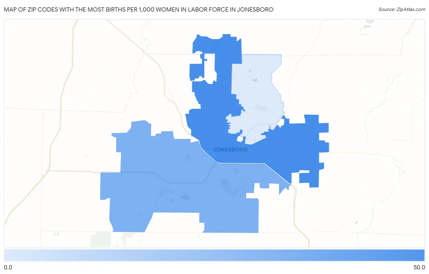 Zip Codes with the Most Births per 1,000 Women in Labor Force in Jonesboro Map