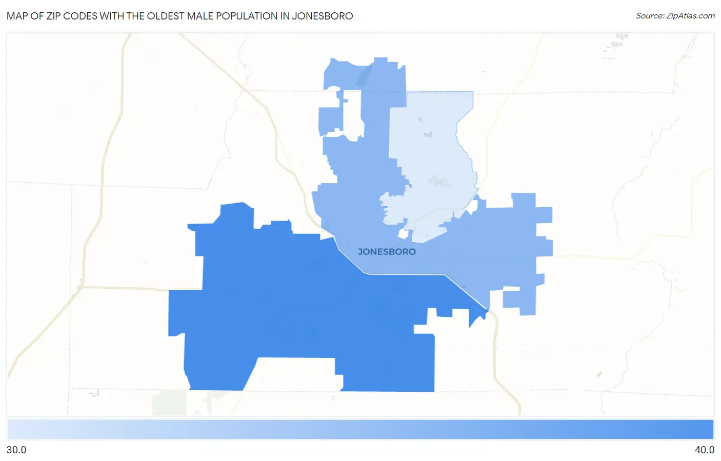 Zip Codes with the Oldest Male Population in Jonesboro Map