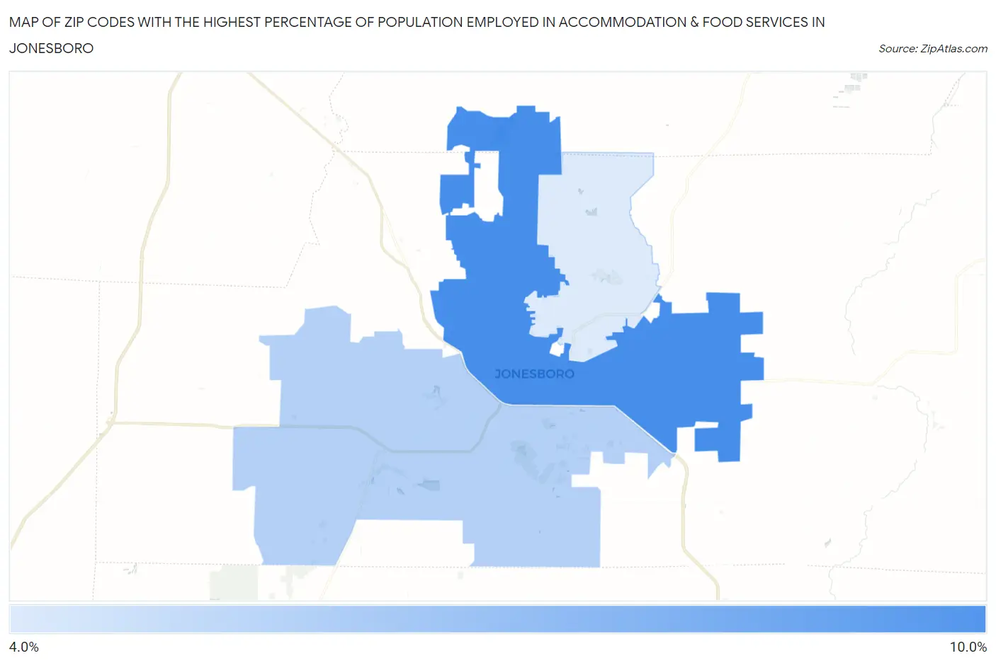 Zip Codes with the Highest Percentage of Population Employed in Accommodation & Food Services in Jonesboro Map