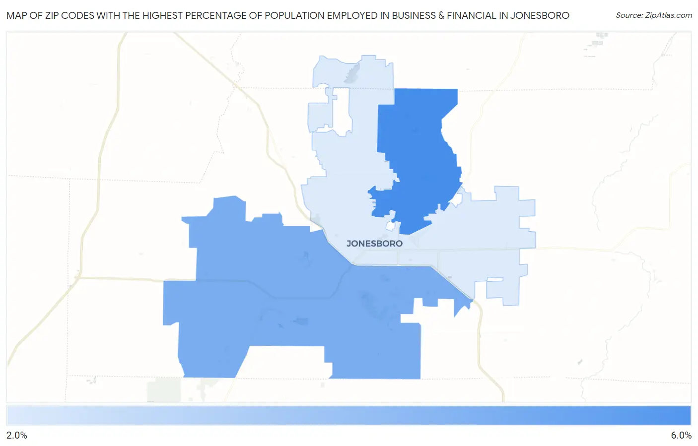 Zip Codes with the Highest Percentage of Population Employed in Business & Financial in Jonesboro Map