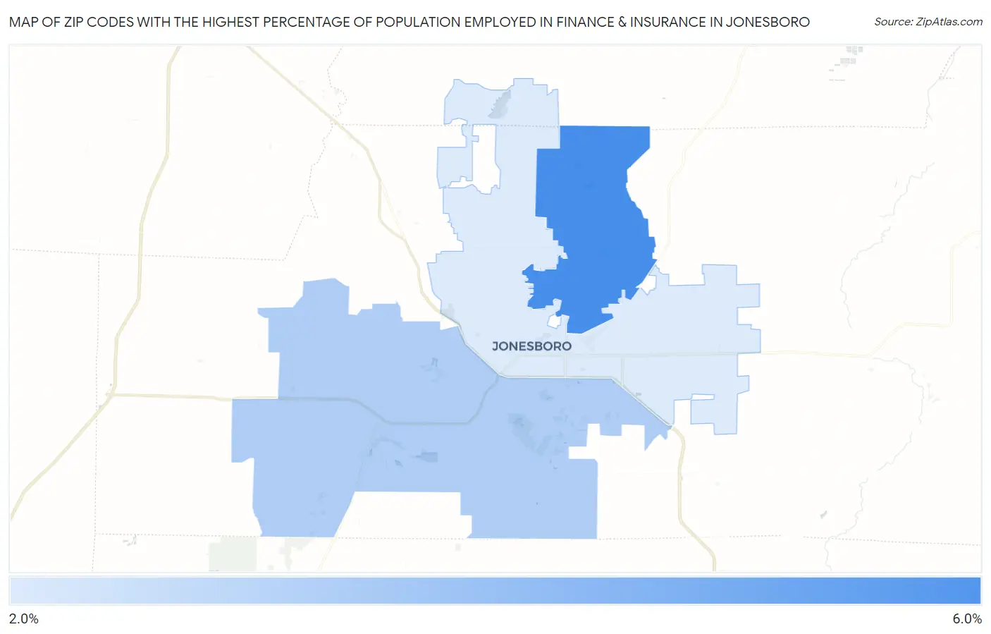 Zip Codes with the Highest Percentage of Population Employed in Finance & Insurance in Jonesboro Map