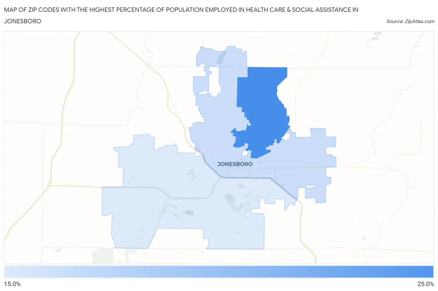 Zip Codes with the Highest Percentage of Population Employed in Health Care & Social Assistance in Jonesboro Map