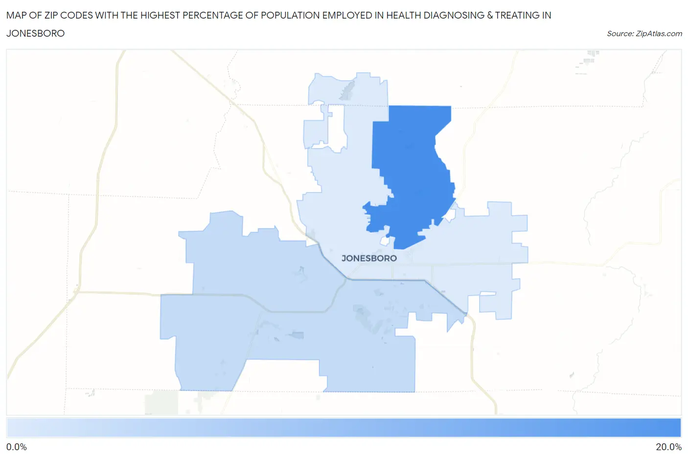 Zip Codes with the Highest Percentage of Population Employed in Health Diagnosing & Treating in Jonesboro Map
