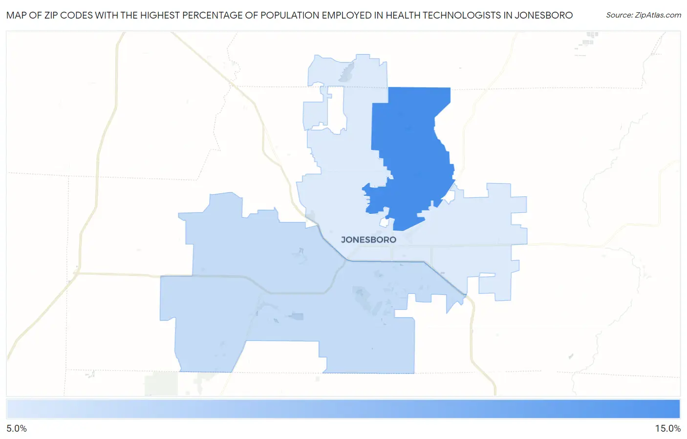 Zip Codes with the Highest Percentage of Population Employed in Health Technologists in Jonesboro Map