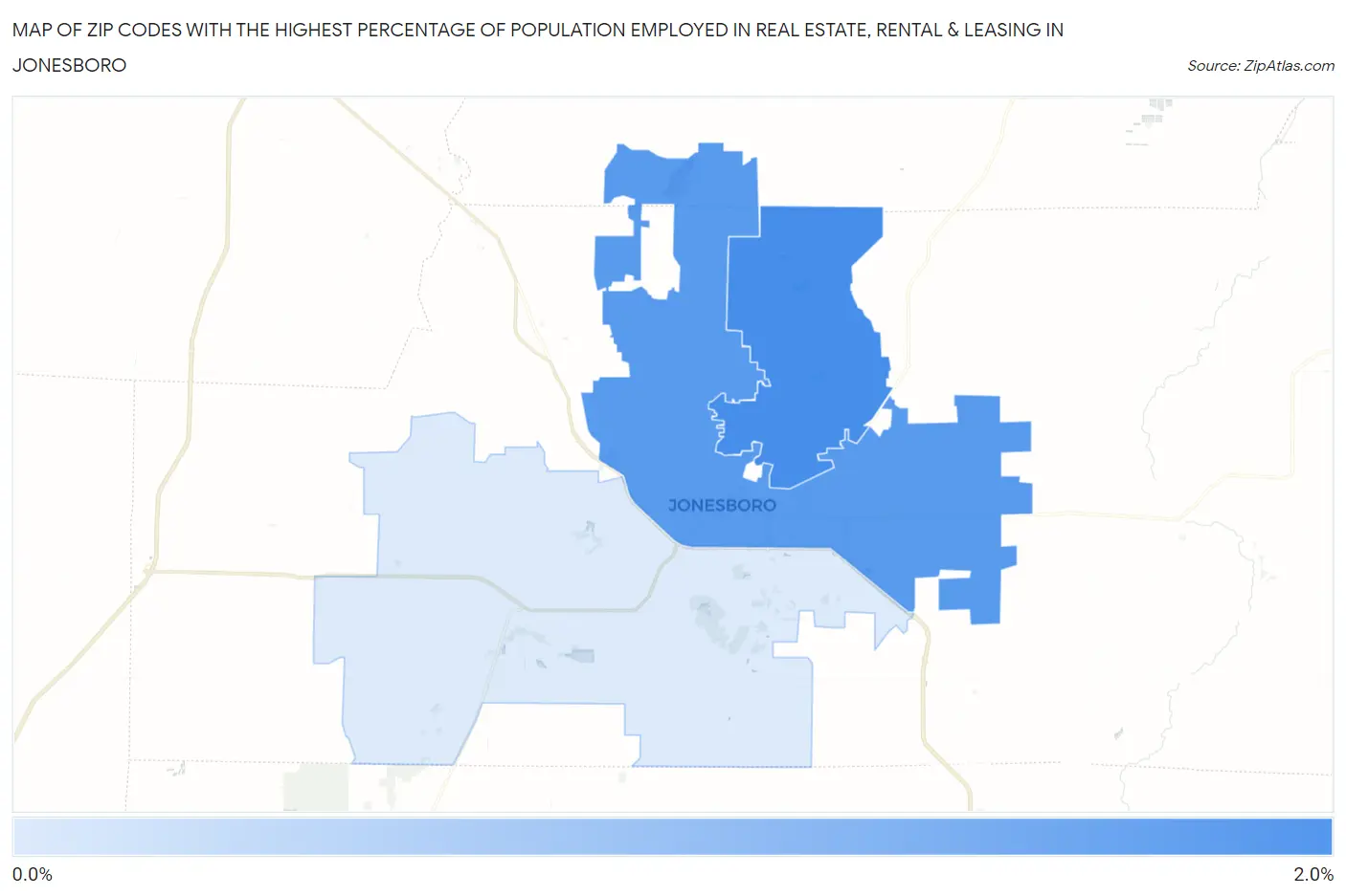 Zip Codes with the Highest Percentage of Population Employed in Real Estate, Rental & Leasing in Jonesboro Map