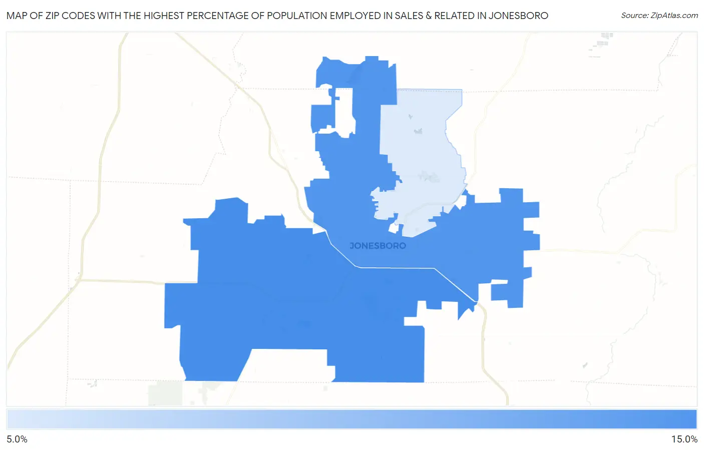 Zip Codes with the Highest Percentage of Population Employed in Sales & Related in Jonesboro Map