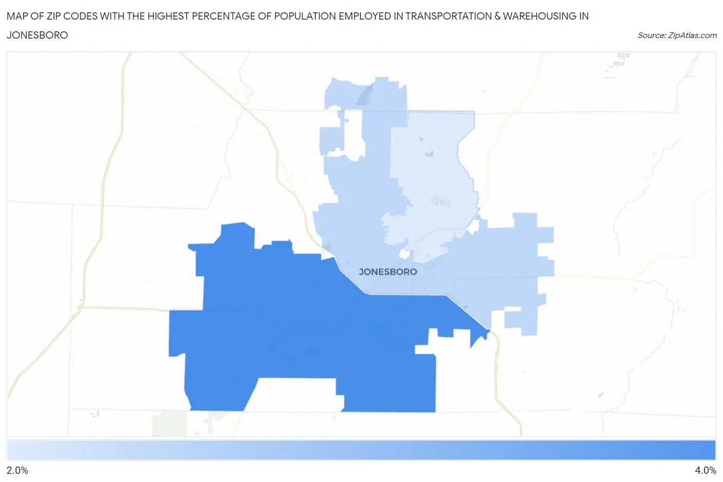 Zip Codes with the Highest Percentage of Population Employed in Transportation & Warehousing in Jonesboro Map