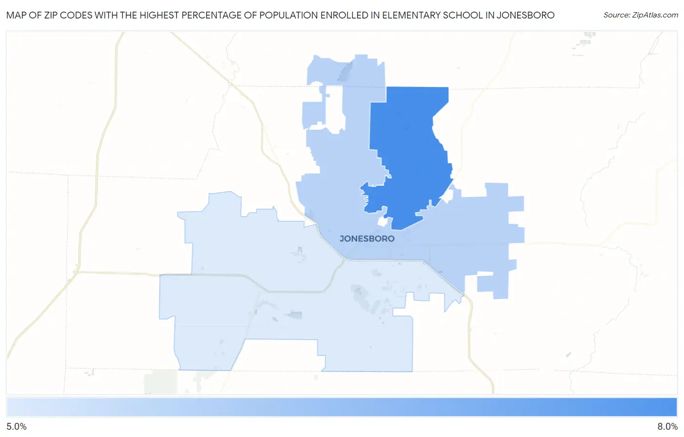 Zip Codes with the Highest Percentage of Population Enrolled in Elementary School in Jonesboro Map