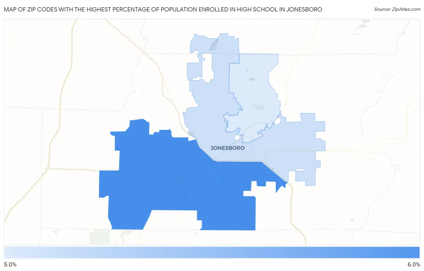 Zip Codes with the Highest Percentage of Population Enrolled in High School in Jonesboro Map