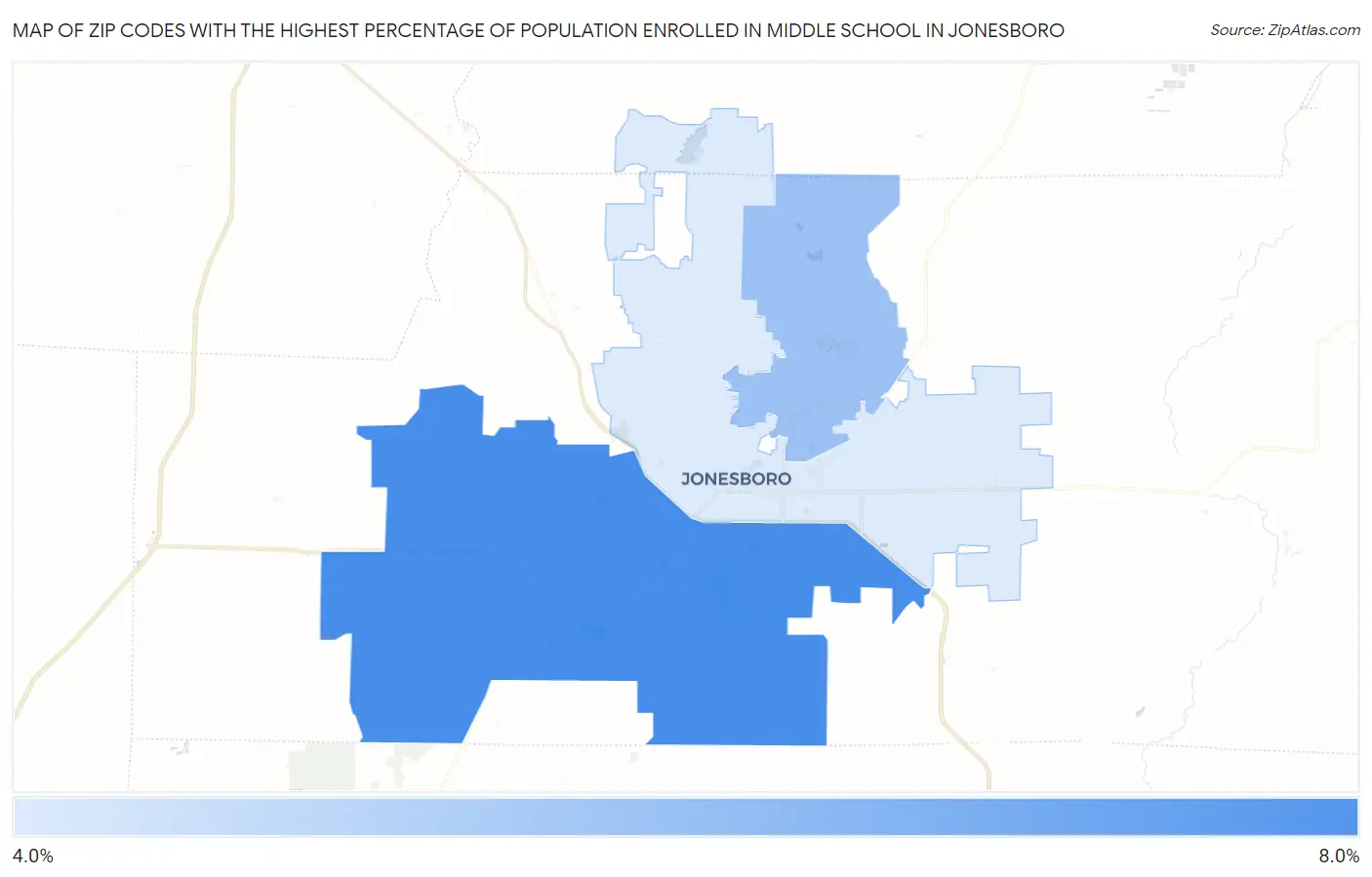 Zip Codes with the Highest Percentage of Population Enrolled in Middle School in Jonesboro Map