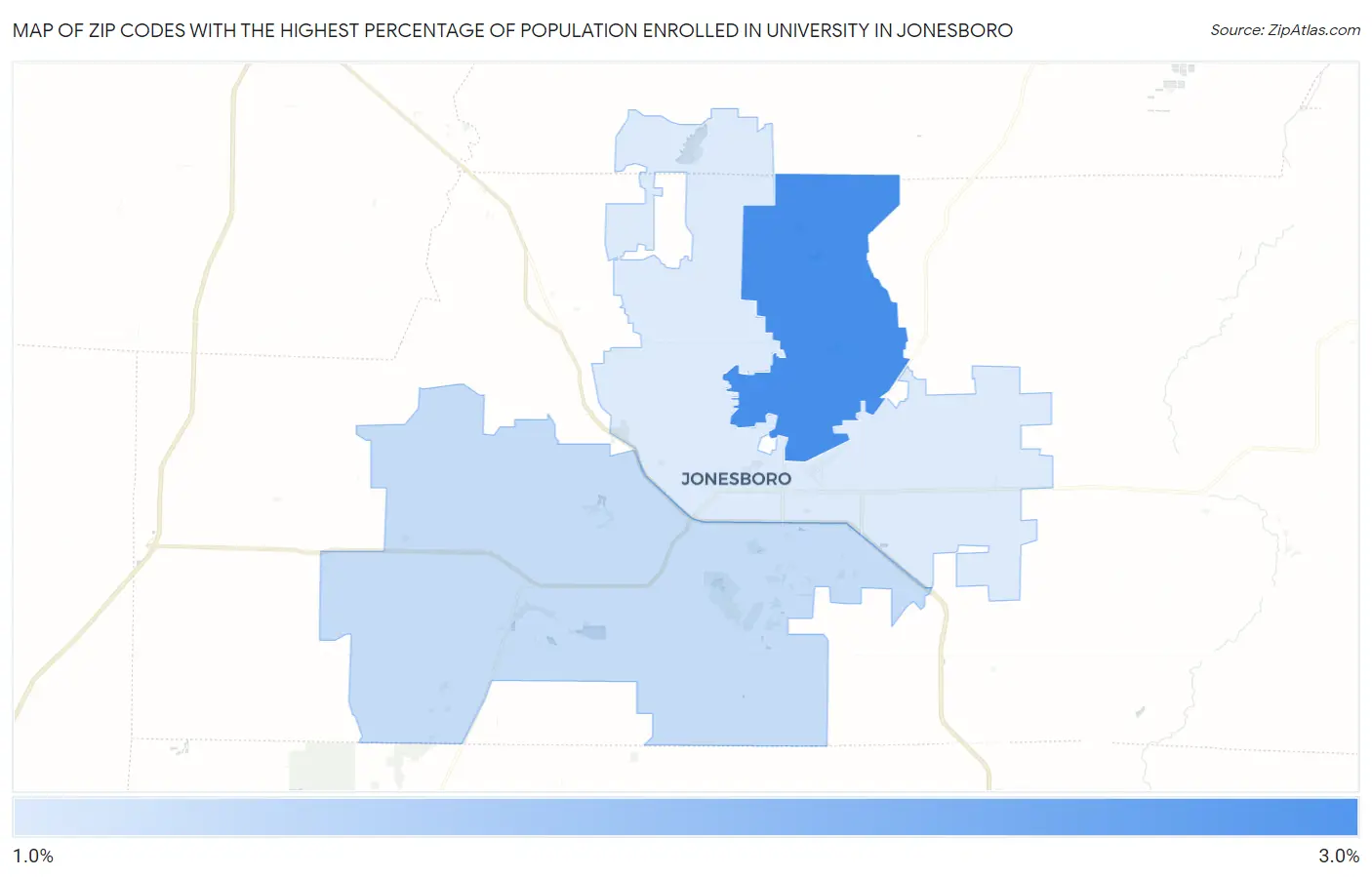 Zip Codes with the Highest Percentage of Population Enrolled in University in Jonesboro Map