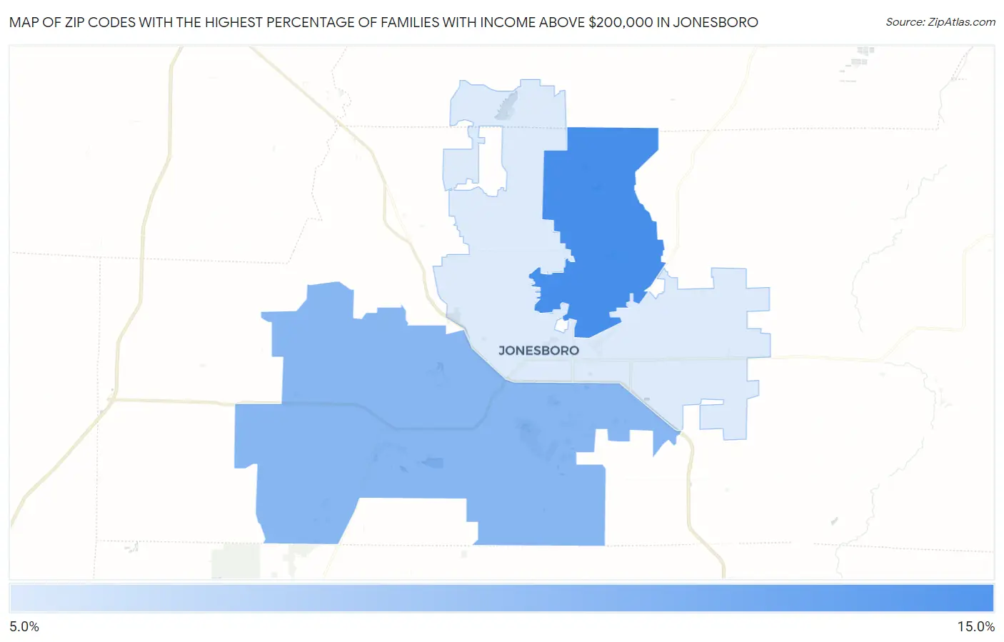Zip Codes with the Highest Percentage of Families with Income Above $200,000 in Jonesboro Map